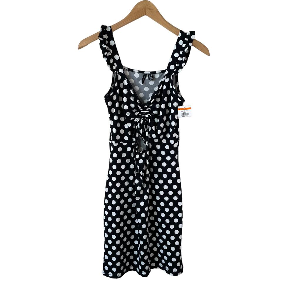 VERO MODA New Polka Dot Front Cut Out Mini Dress Black White Medium Retro Pin Up